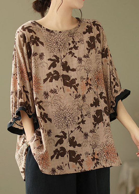 Plus Size Coffee O Neck Print Patchwork Cotton Top Summer LY4962 - fabuloryshop