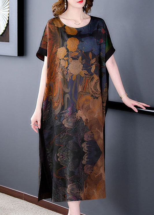 Plus Size Coffee O Neck Print Side Open Patchwork Silk Dresses Summer LY5905 - fabuloryshop