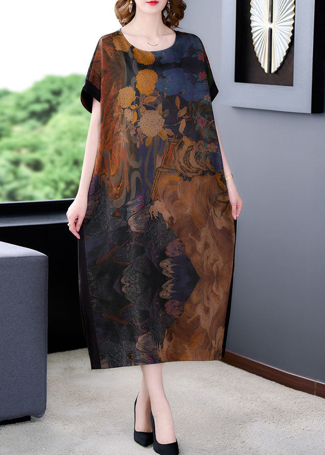 Plus Size Coffee O Neck Print Side Open Patchwork Silk Dresses Summer LY5905 - fabuloryshop