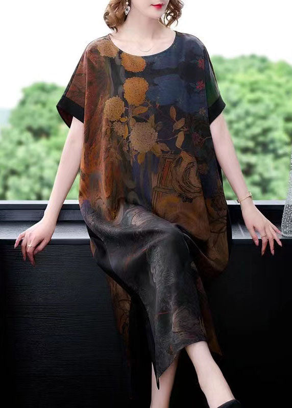 Plus Size Coffee O Neck Print Side Open Patchwork Silk Dresses Summer LY5905 - fabuloryshop