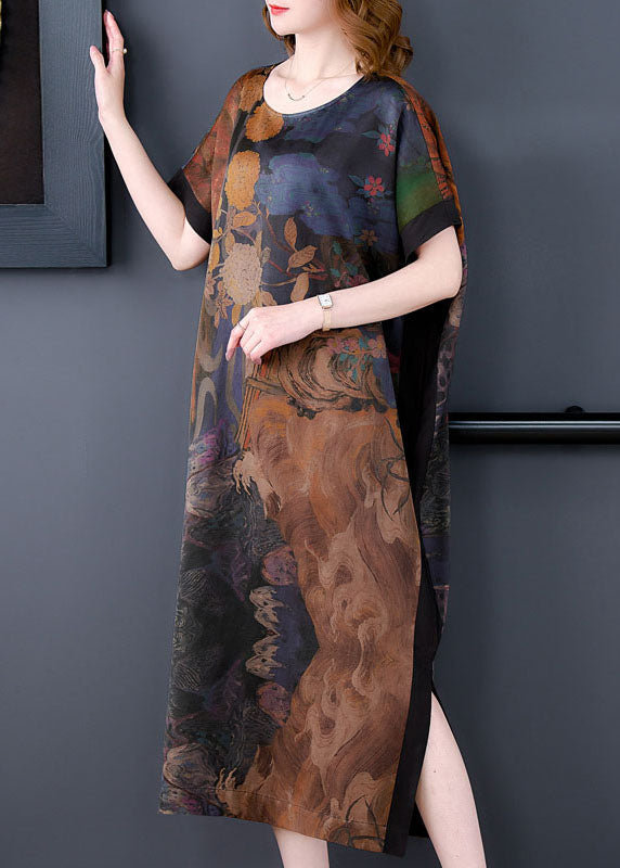 Plus Size Coffee O Neck Print Side Open Patchwork Silk Dresses Summer LY5905 - fabuloryshop