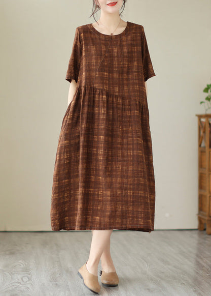 Plus Size Coffee Oversized Plaid Linen Holiday Dress Summer LY4924 - fabuloryshop