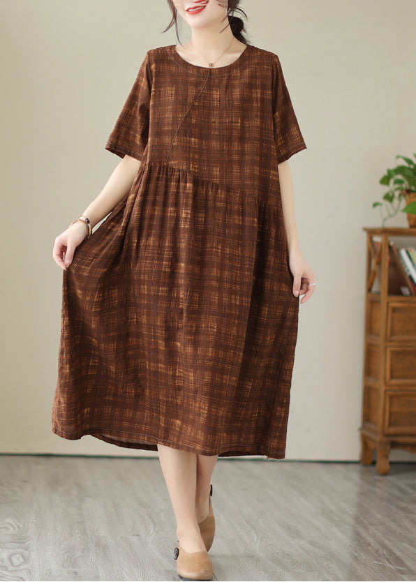 Plus Size Coffee Oversized Plaid Linen Holiday Dress Summer LY4924 - fabuloryshop