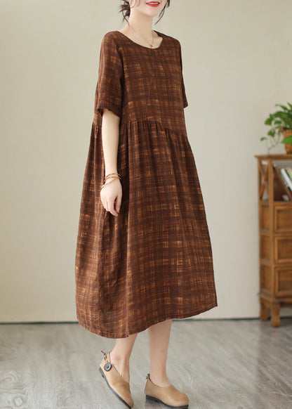 Plus Size Coffee Oversized Plaid Linen Holiday Dress Summer LY4924 - fabuloryshop