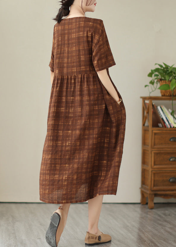 Plus Size Coffee Oversized Plaid Linen Holiday Dress Summer LY4924 - fabuloryshop