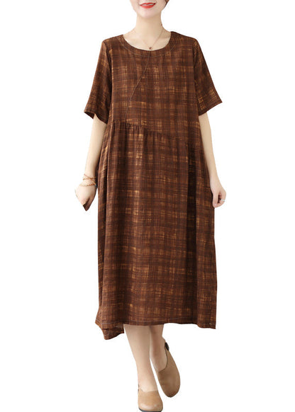 Plus Size Coffee Oversized Plaid Linen Holiday Dress Summer LY4924 - fabuloryshop