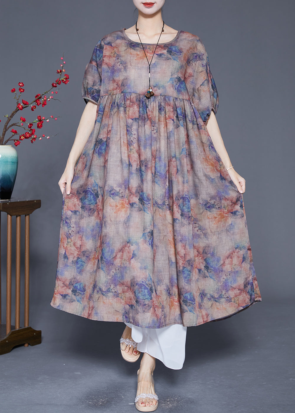 Plus Size Coffee Oversized Print Linen Maxi Dress Summer LY5548 - fabuloryshop