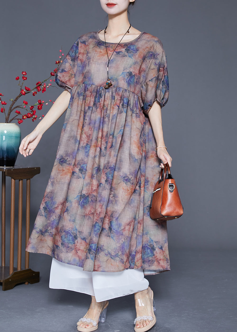 Plus Size Coffee Oversized Print Linen Maxi Dress Summer LY5548 - fabuloryshop