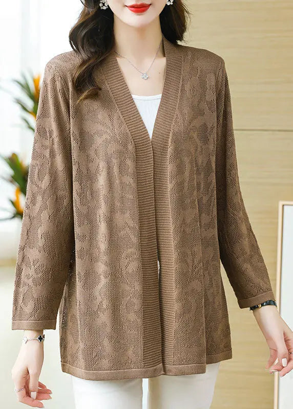 Plus Size Coffee Patchwork Solid Thin Knit Cardigan Long Sleeve Ada Fashion