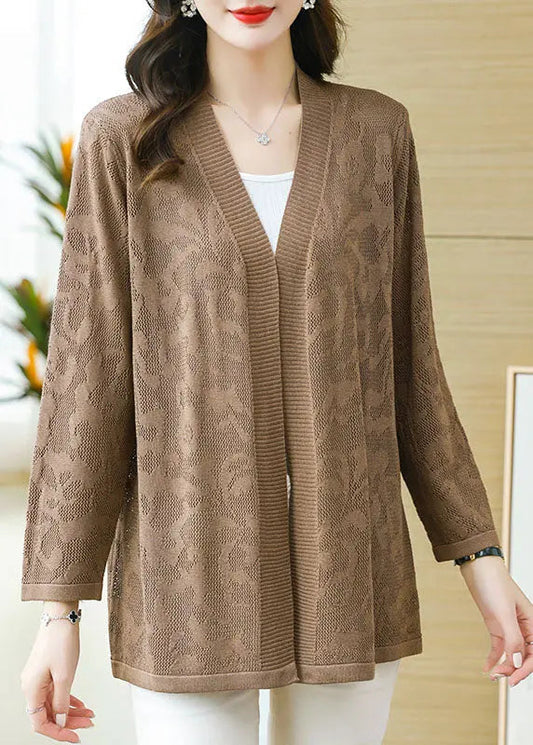 Plus Size Coffee Patchwork Solid Thin Knit Cardigan Long Sleeve Ada Fashion