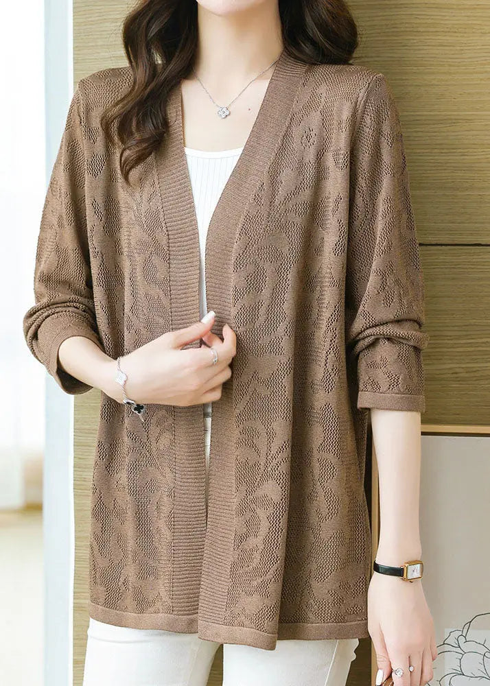 Plus Size Coffee Patchwork Solid Thin Knit Cardigan Long Sleeve Ada Fashion