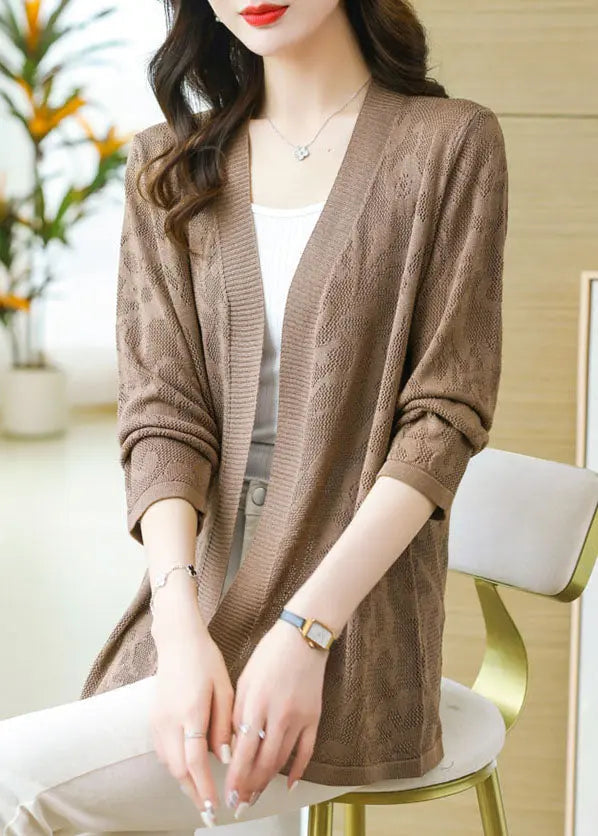 Plus Size Coffee Patchwork Solid Thin Knit Cardigan Long Sleeve Ada Fashion