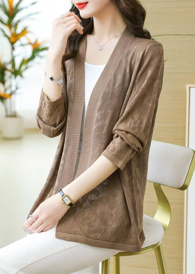 Plus Size Coffee Patchwork Solid Thin Knit Cardigan Long Sleeve Ada Fashion