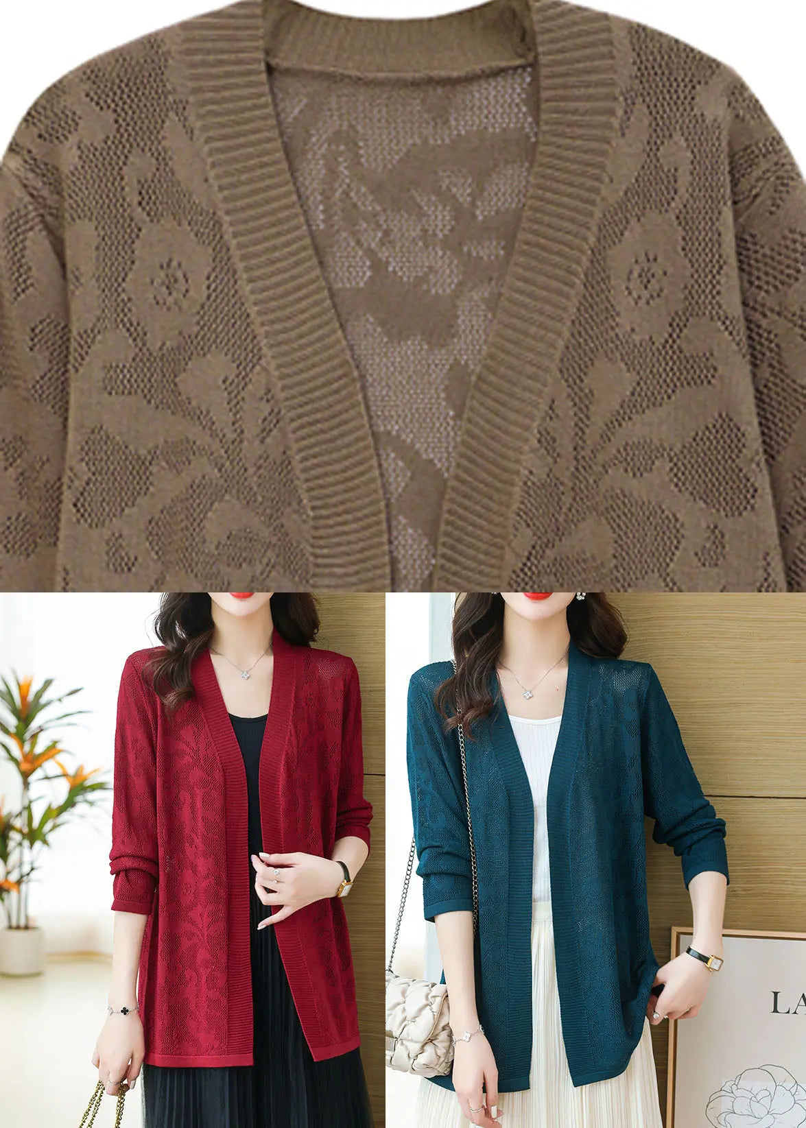 Plus Size Coffee Patchwork Solid Thin Knit Cardigan Long Sleeve Ada Fashion