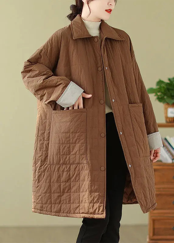 Plus Size Coffee Peter Pan Collar Pockets Fine Cotton Filled Coat Winter Ada Fashion