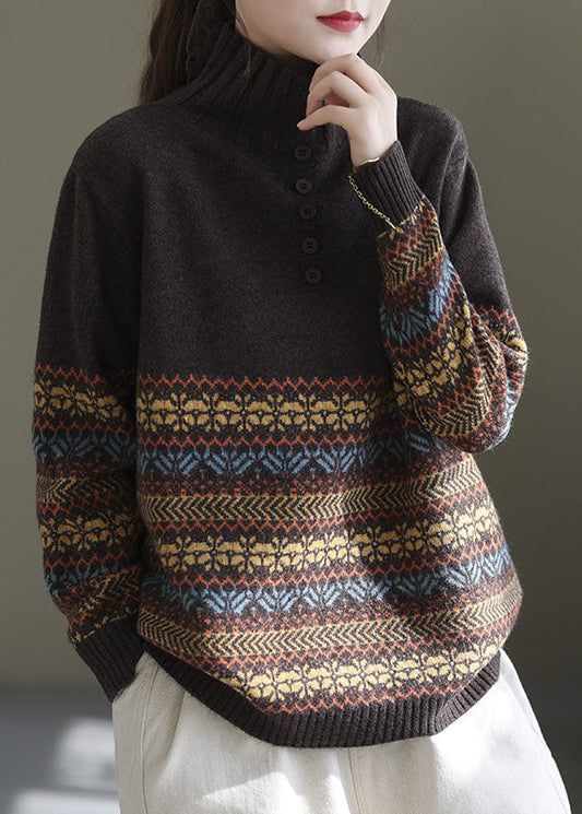 Plus Size Chocolate Turtle Neck Print Knit Short Sweater Spring TG1019 - fabuloryshop