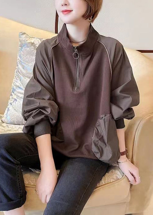 Plus Size Coffee Zip Up Pockets Patchwork Cotton Sweatshirts Fall Ada Fashion
