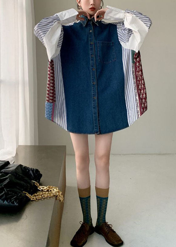 Plus Size Colorblock Denim Patchwork Striped Print Cotton Shirt Dresses Spring LY0758 - fabuloryshop