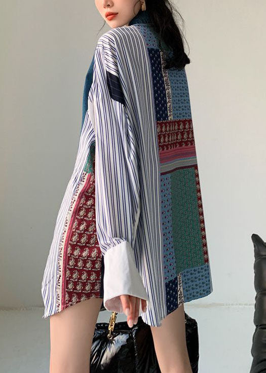 Plus Size Colorblock Denim Patchwork Striped Print Cotton Shirt Dresses Spring LY0758 - fabuloryshop