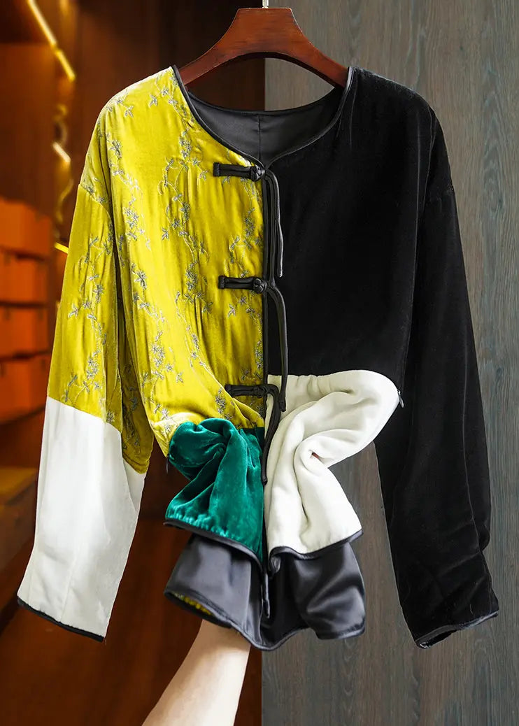 Plus Size Colorblock O Neck Button Patchwork Silk Velour Parka Winter Ada Fashion