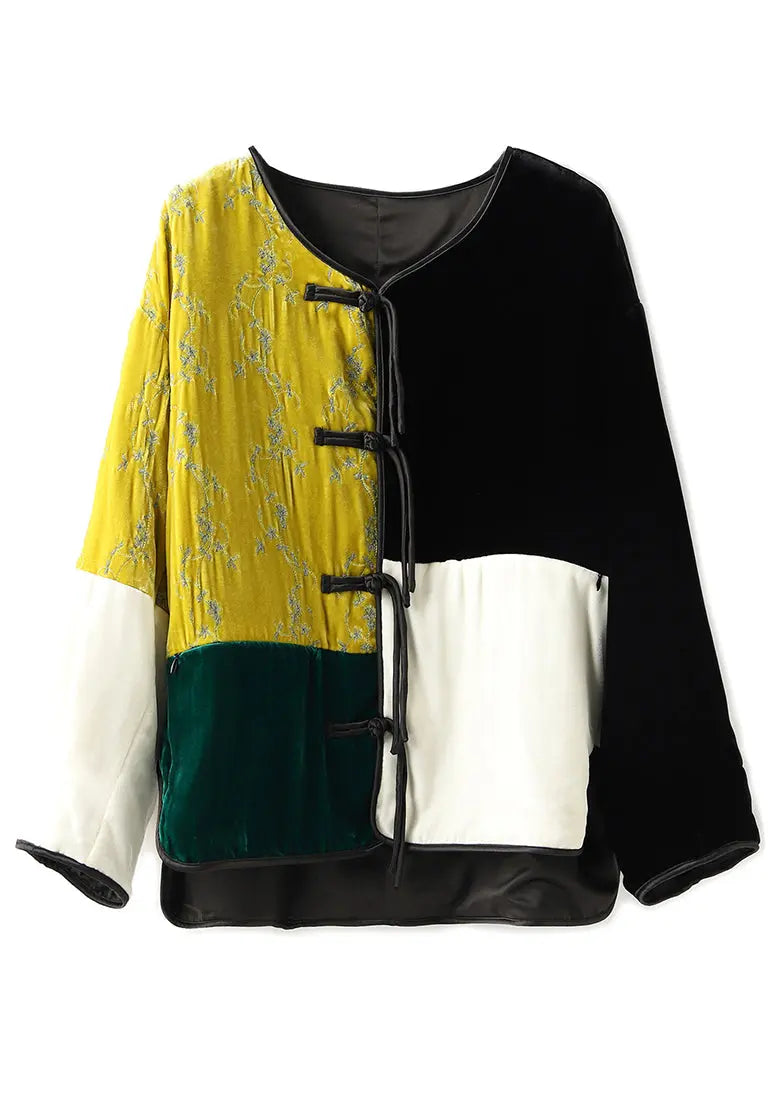 Plus Size Colorblock O Neck Button Patchwork Silk Velour Parka Winter Ada Fashion
