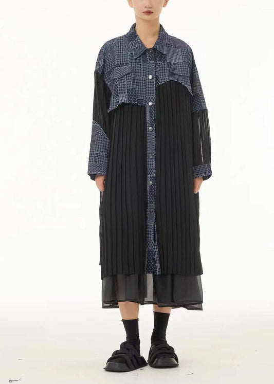 Plus Size Colorblock Oversized Denim Patchwork Wrinkled Chiffon Shirt Dresses Spring LC0155 - fabuloryshop