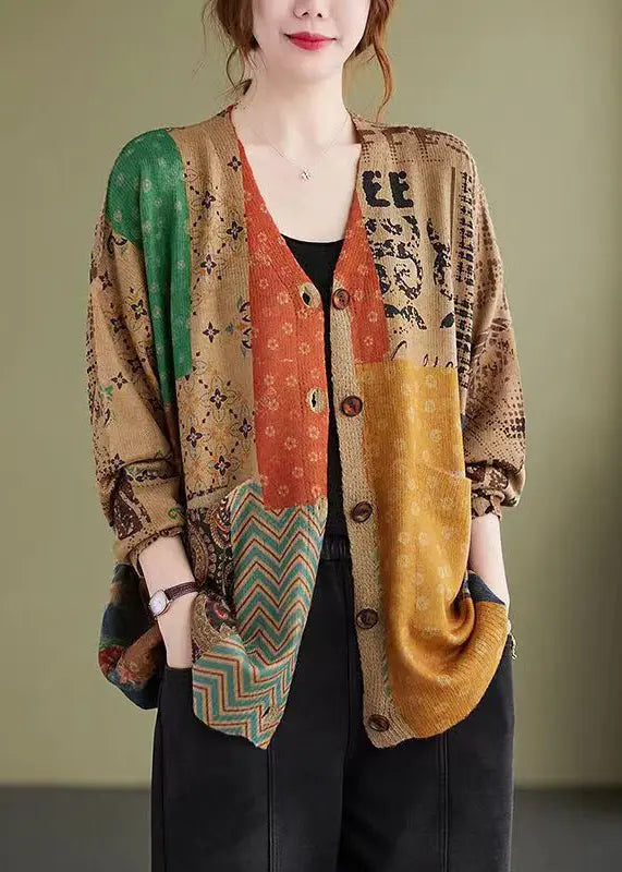 Plus Size Colorblock V Neck Button Knitting Cotton Coat Fall Ada Fashion