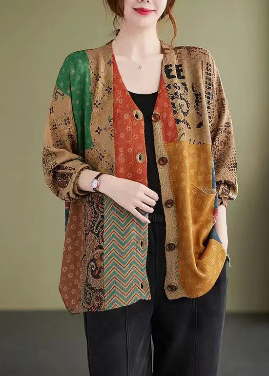 Plus Size Colorblock V Neck Button Knitting Cotton Coat Fall Ada Fashion