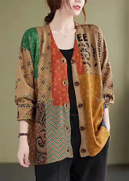 Plus Size Colorblock V Neck Button Knitting Cotton Coat Fall Ada Fashion