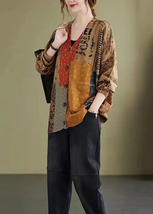 Plus Size Colorblock V Neck Button Knitting Cotton Coat Fall Ada Fashion