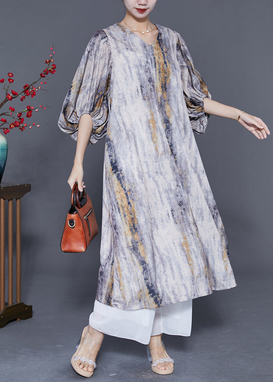 Plus Size Colorblock V Neck Tie Dye Silk Dress Lantern Sleeve LY5560 - fabuloryshop