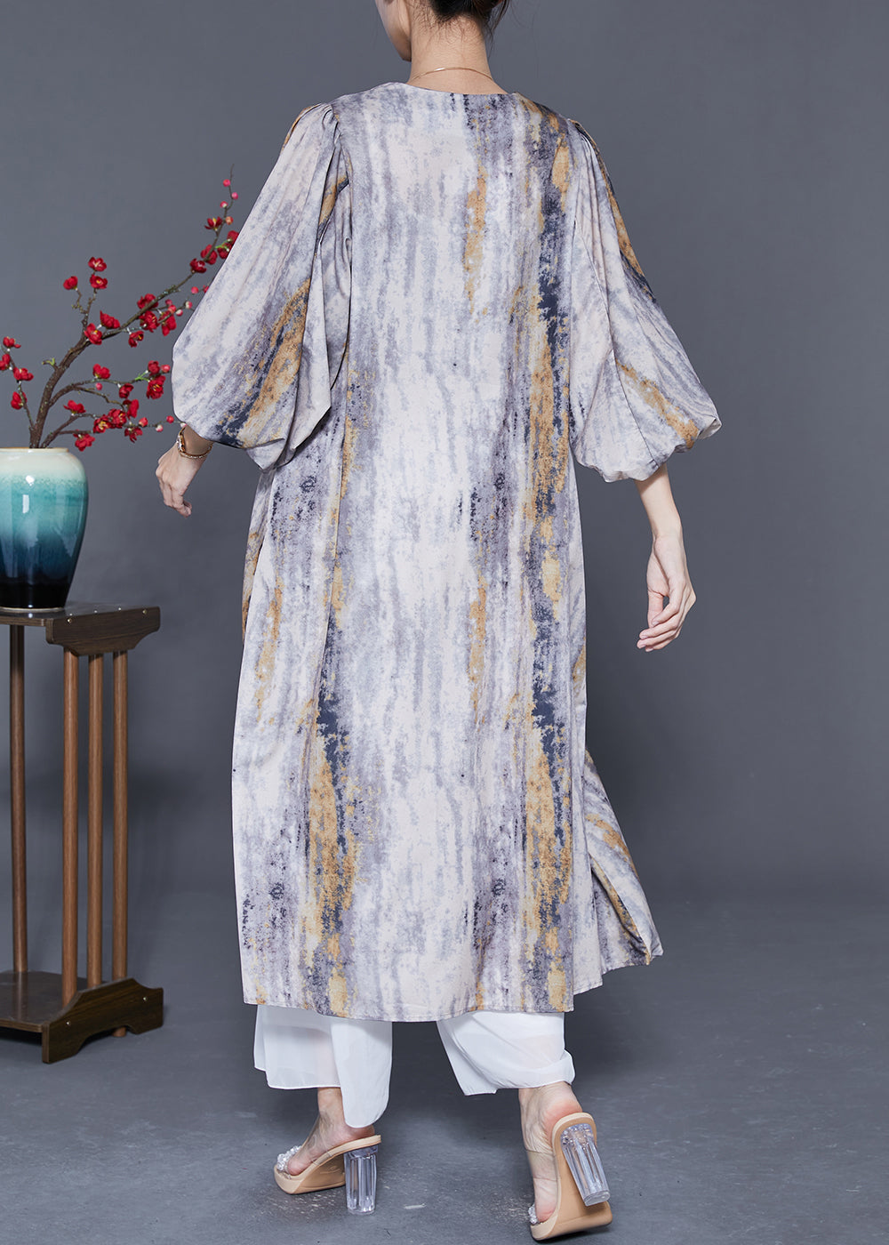 Plus Size Colorblock V Neck Tie Dye Silk Dress Lantern Sleeve LY5560 - fabuloryshop