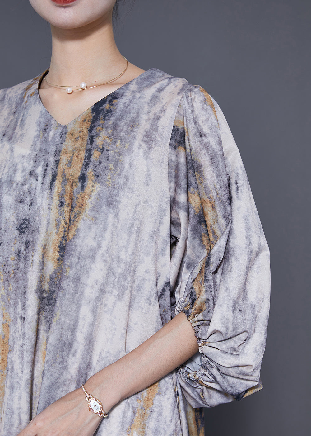 Plus Size Colorblock V Neck Tie Dye Silk Dress Lantern Sleeve LY5560 - fabuloryshop