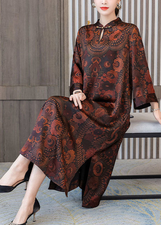 Plus Size Dark Brown Print Mandarin Collar Silk A Line Dress Spring LY1691 - fabuloryshop