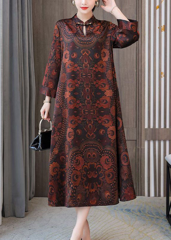 Plus Size Dark Brown Print Mandarin Collar Silk A Line Dress Spring LC0204 - fabuloryshop