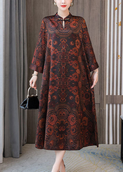 Plus Size Dark Brown Print Mandarin Collar Silk A Line Dress Spring LC0204 - fabuloryshop