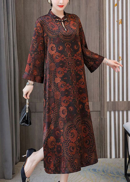 Plus Size Dark Brown Print Mandarin Collar Silk A Line Dress Spring LC0204 - fabuloryshop