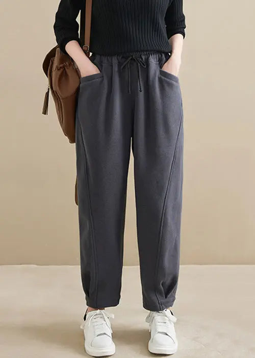 Plus Size Dark Gray Pockets Elastic Waist Warm Fleece Crop Pants Ada Fashion