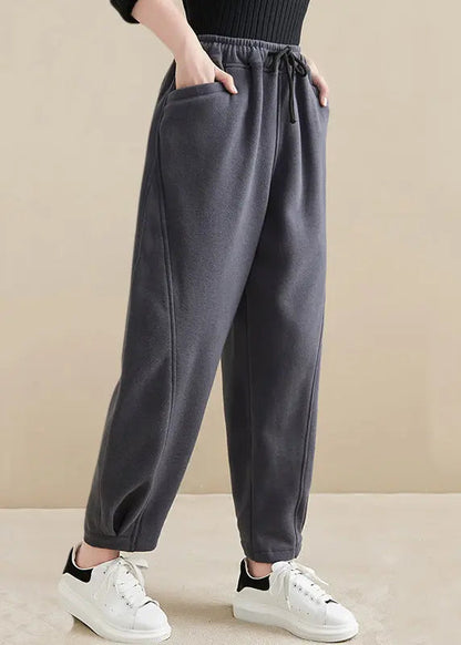 Plus Size Dark Gray Pockets Elastic Waist Warm Fleece Crop Pants Ada Fashion