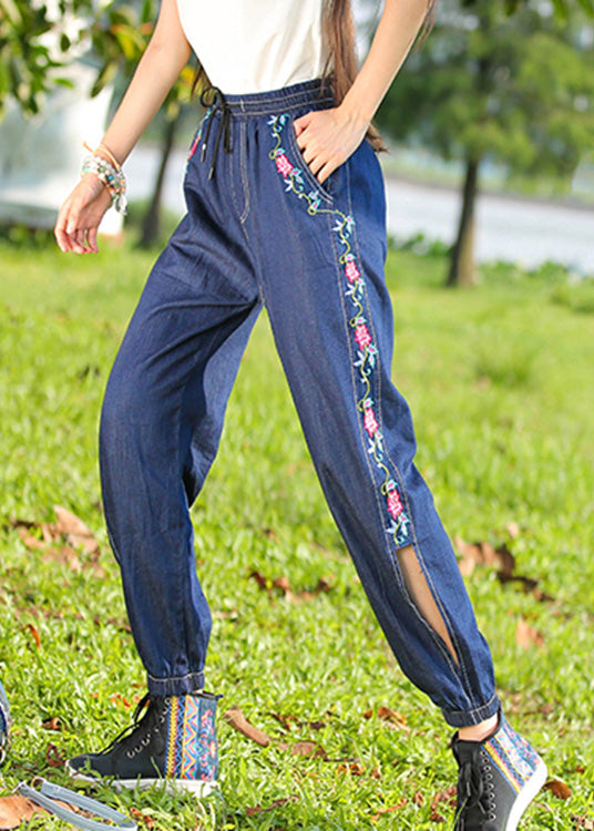 Plus Size Denim Blue Embroideried High Waist Cotton Lantern Pants Summer LY0197 - fabuloryshop