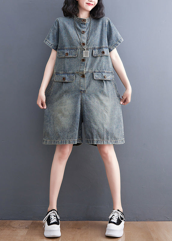 Plus Size Denim Blue O-Neck Patchwork Button Jumpsuits Short Sleeve LY5247 - fabuloryshop