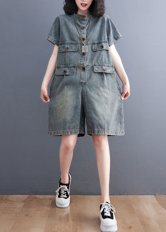 Plus Size Denim Blue O-Neck Patchwork Button Jumpsuits Short Sleeve LY5247 - fabuloryshop