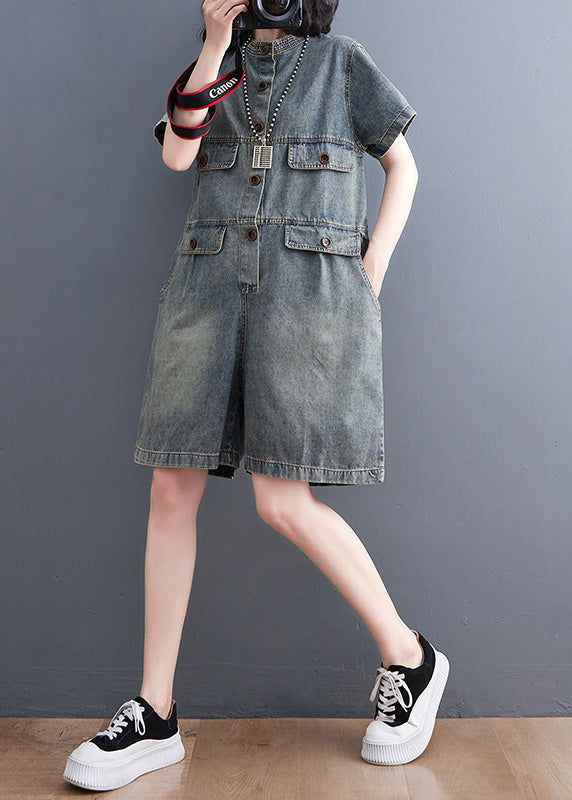 Plus Size Denim Blue O-Neck Patchwork Button Jumpsuits Short Sleeve LY5247 - fabuloryshop