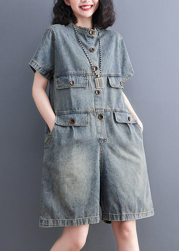 Plus Size Denim Blue O-Neck Patchwork Button Jumpsuits Short Sleeve LY5247 - fabuloryshop