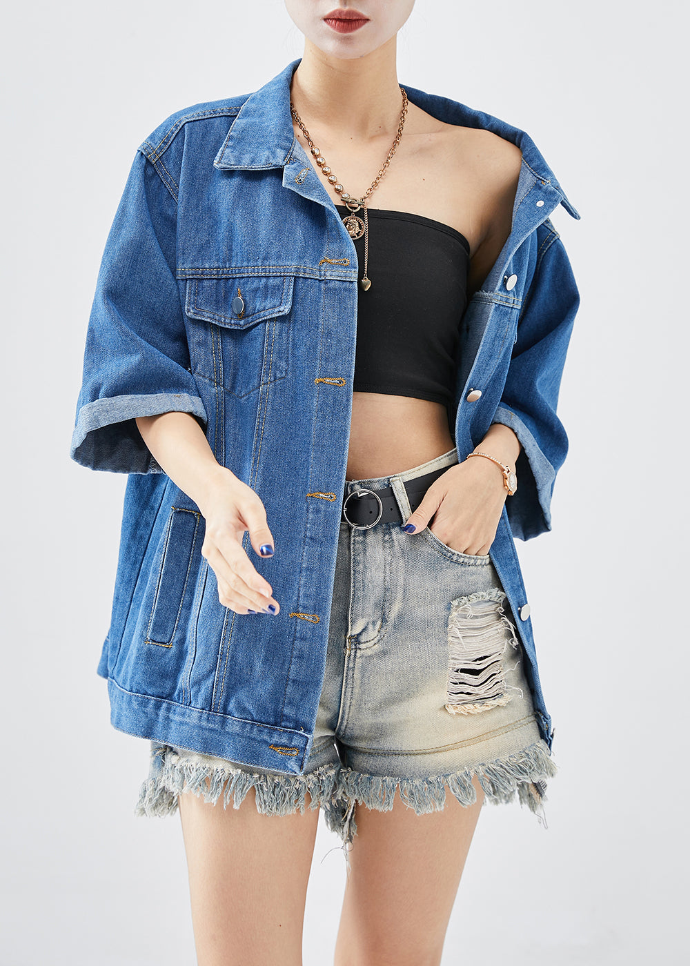 Plus Size Denim Blue Oversized Cotton Coats Half Sleeve Ada Fashion