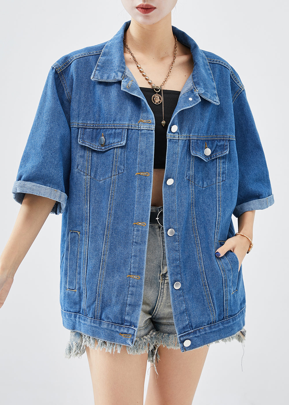 Plus Size Denim Blue Oversized Cotton Coats Half Sleeve Ada Fashion