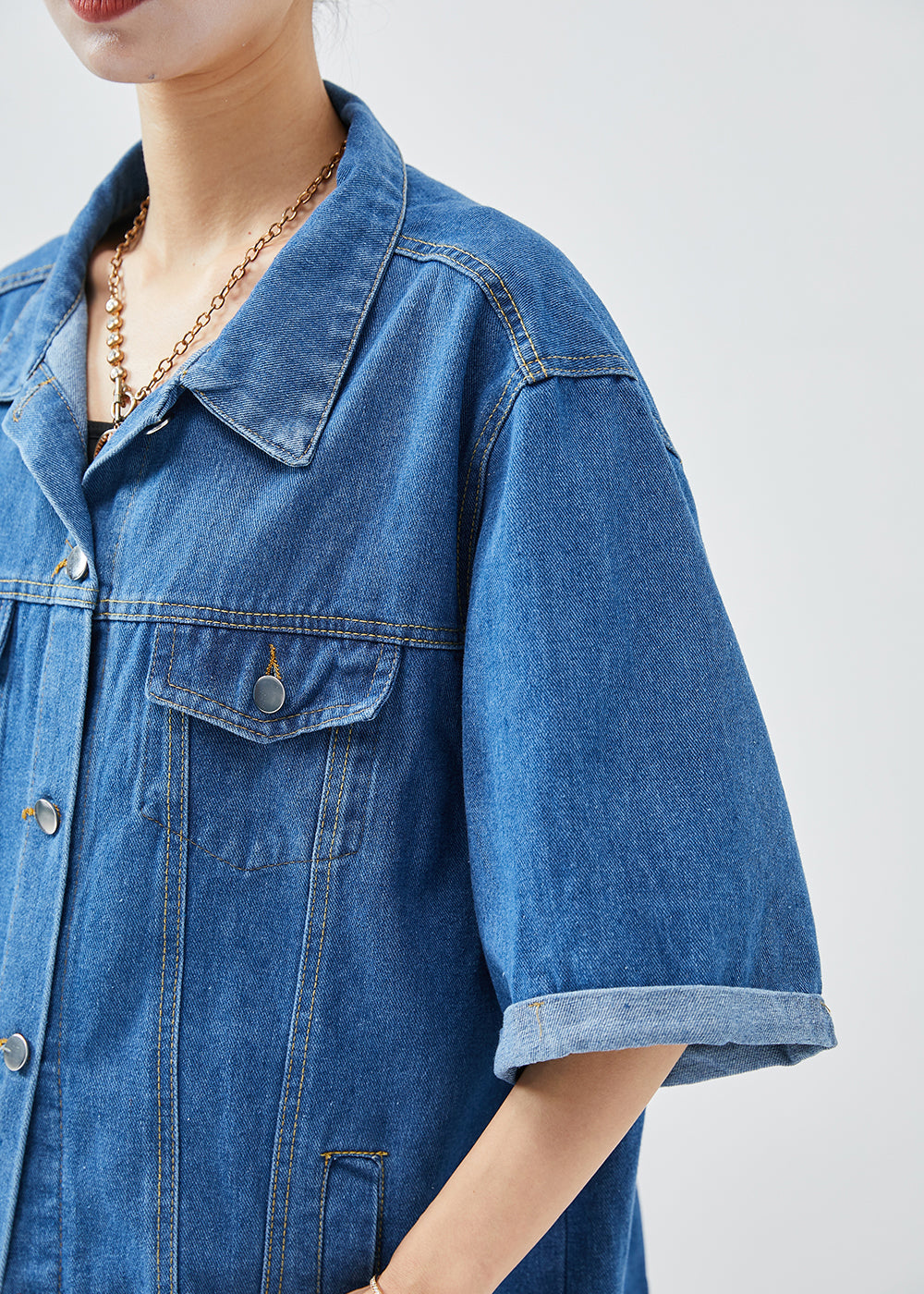 Plus Size Denim Blue Oversized Cotton Coats Half Sleeve Ada Fashion