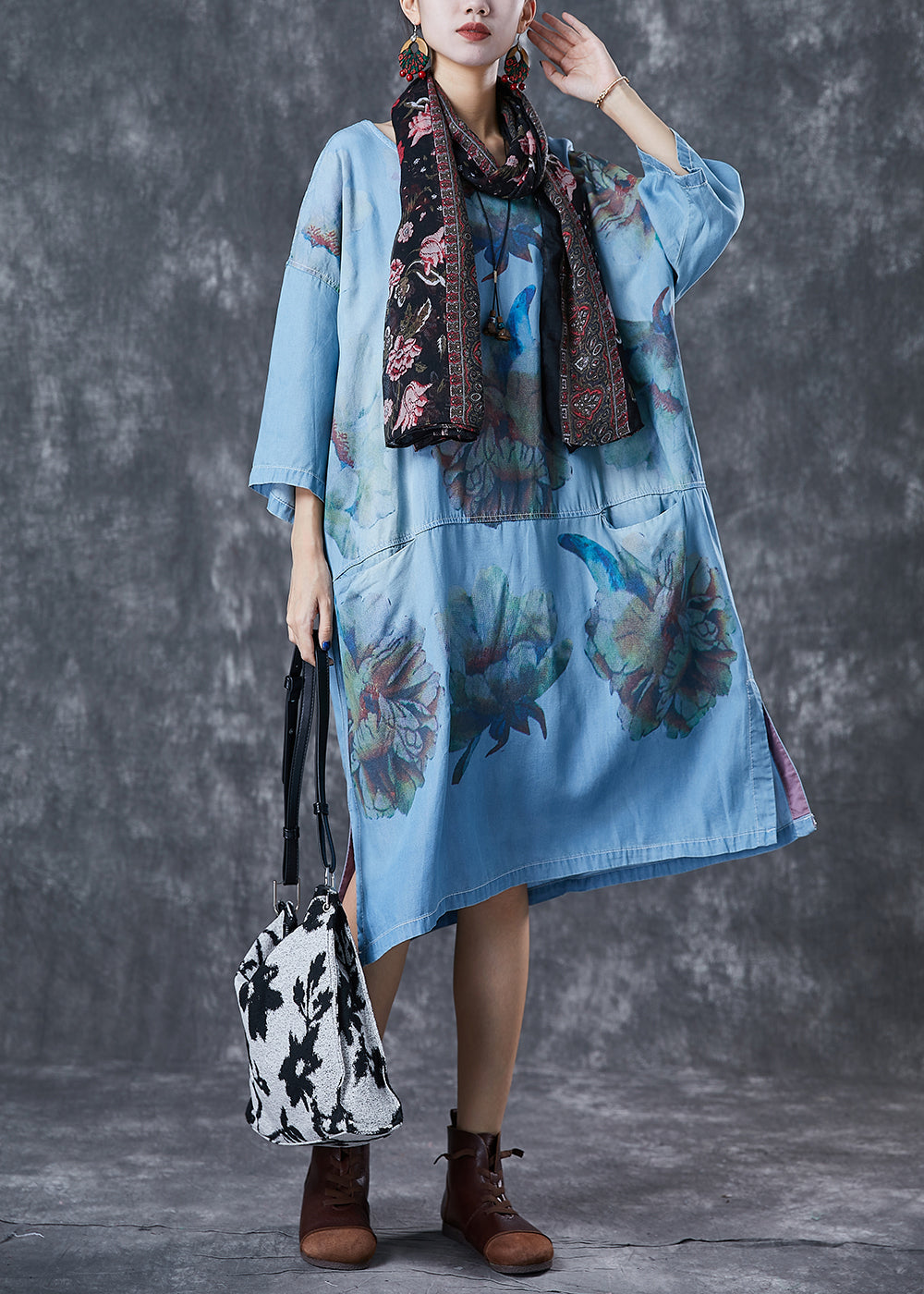 Plus Size Denim Blue Oversized Print Cotton Robe Dresses Fall Ada Fashion