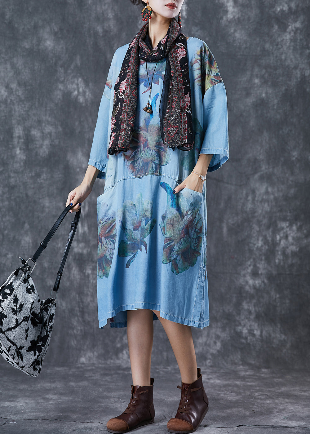 Plus Size Denim Blue Oversized Print Cotton Robe Dresses Fall Ada Fashion