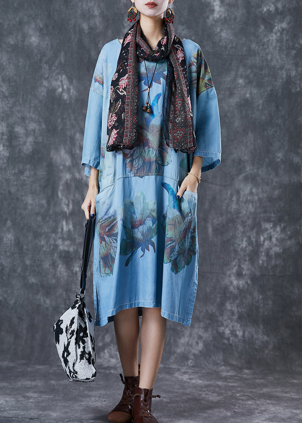 Plus Size Denim Blue Oversized Print Cotton Robe Dresses Fall Ada Fashion